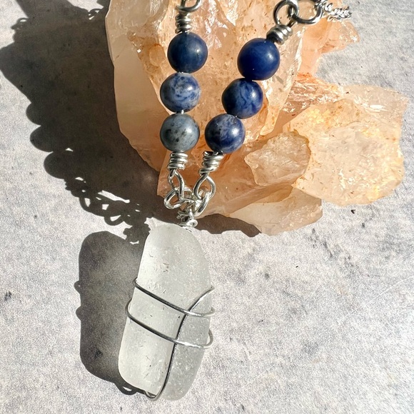 Hand Crafted Jewelry - Seaglass + Sodalite Crystal Chain Handmade Necklace